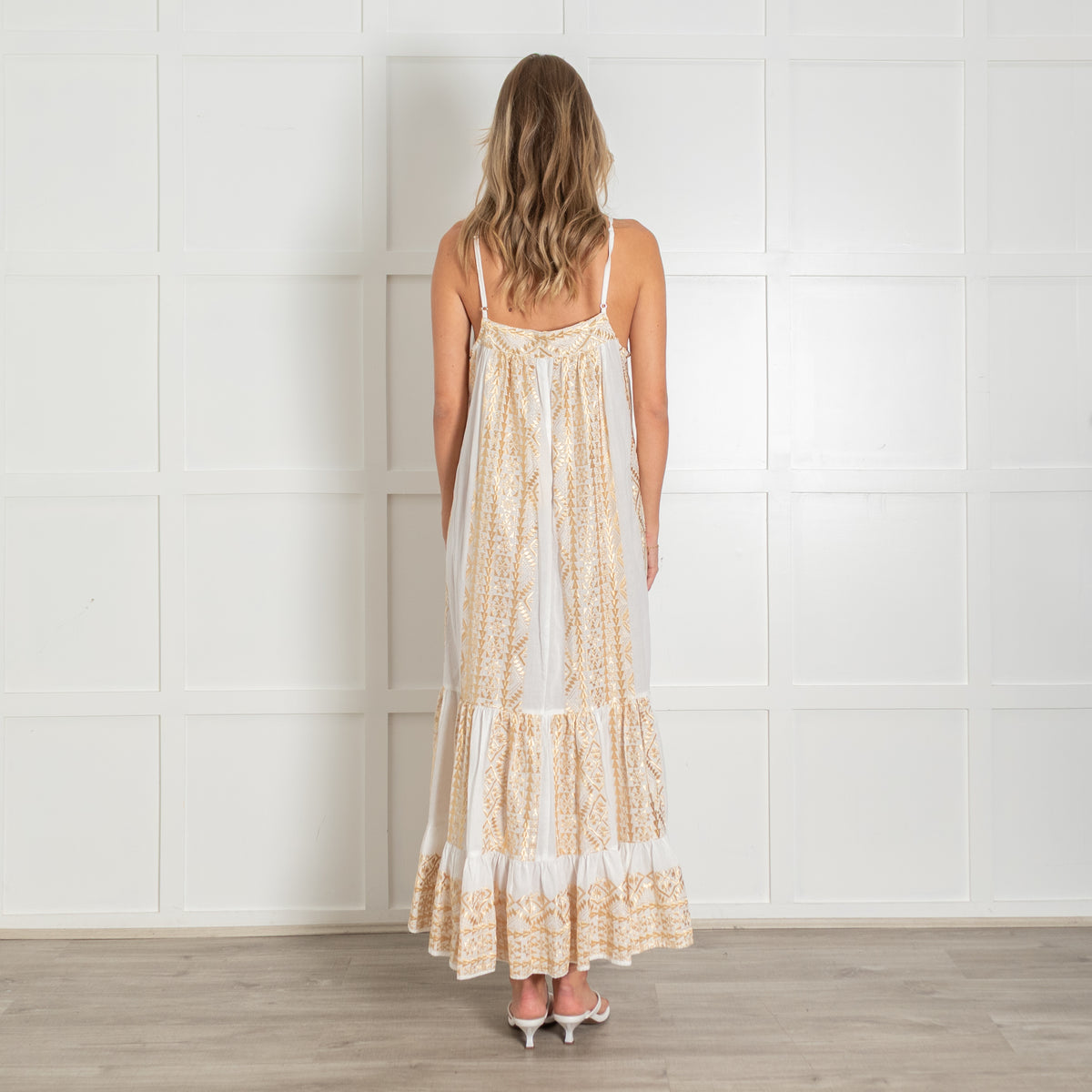 Greek Archaic Kori White Cotton Sun Dress with Gold Embroidery