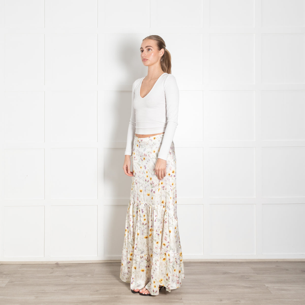 Ridley Cream Yellow Purple Floral Silk Skirt