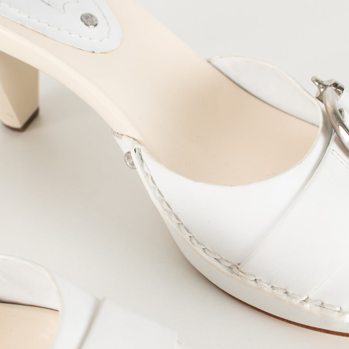 Celine White Leather Buckle Detail Sandal Heel