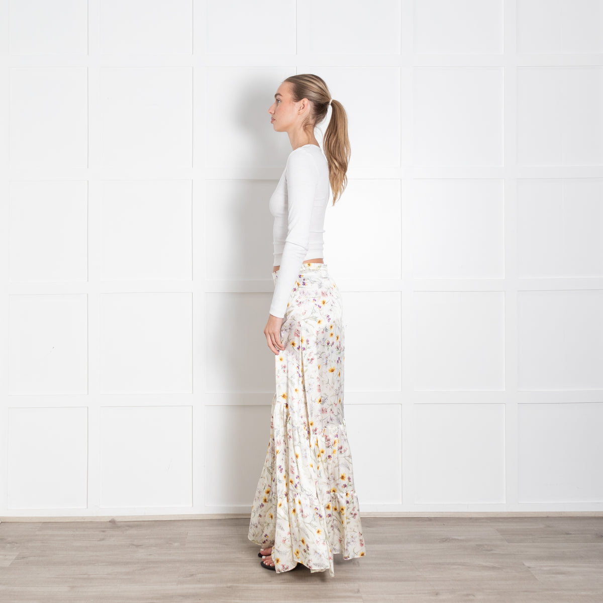 Ridley Cream Yellow Purple Floral Silk Skirt