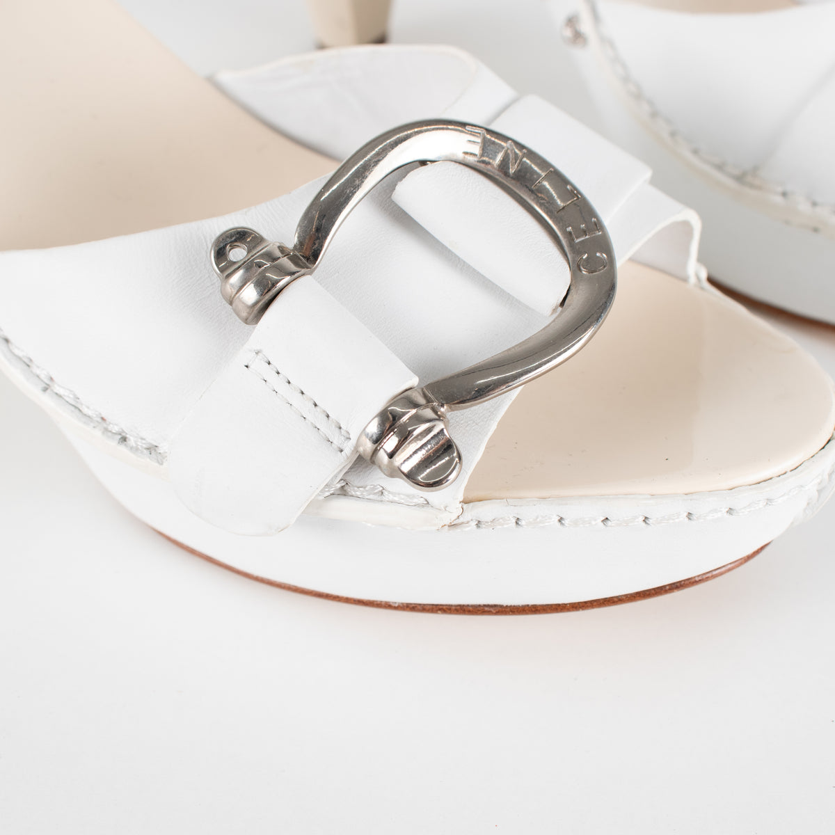 Celine White Leather Buckle Detail Sandal Heel