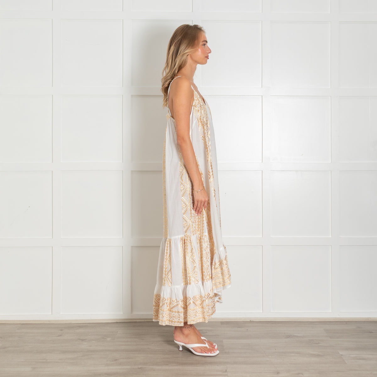 Greek Archaic Kori White Cotton Sun Dress with Gold Embroidery
