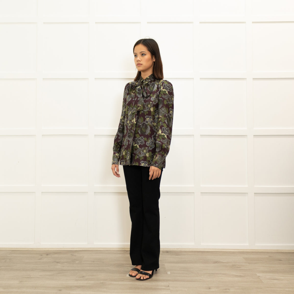 Caliban Brown Green Floral Silk Neck Tie Blouse