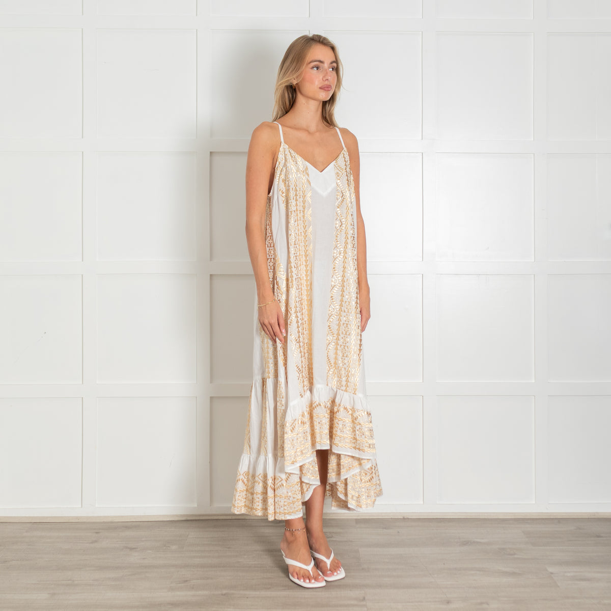 Greek Archaic Kori White Cotton Sun Dress with Gold Embroidery