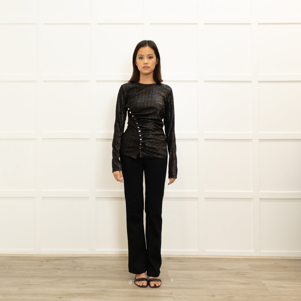 Paco Rabanne Black Shimmer Lurex Long Sleeve Button Detail Top