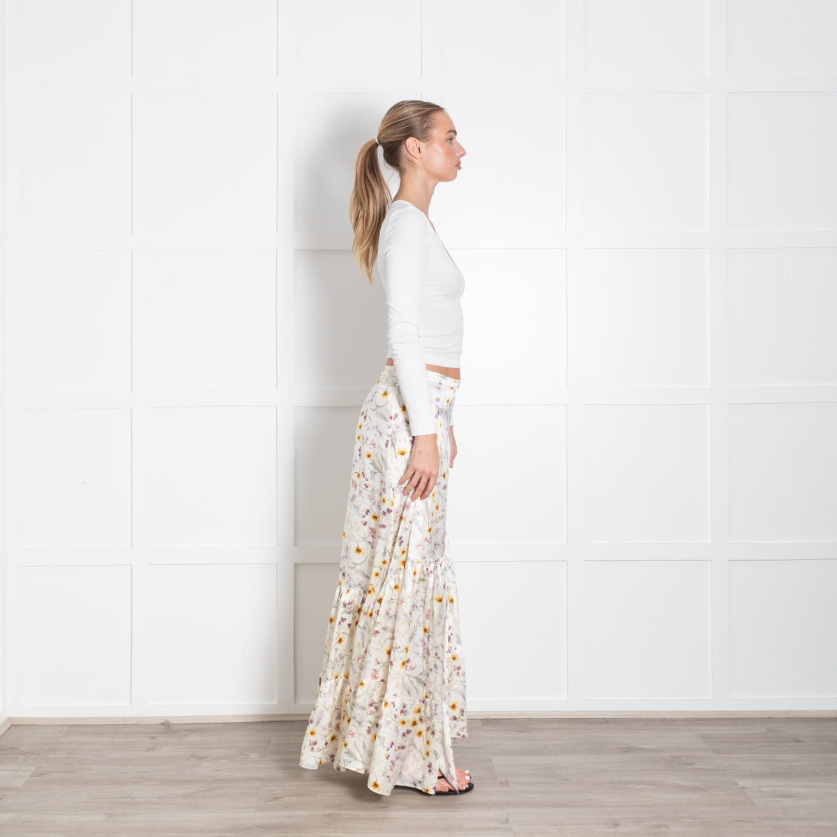 Ridley Cream Yellow Purple Floral Silk Skirt