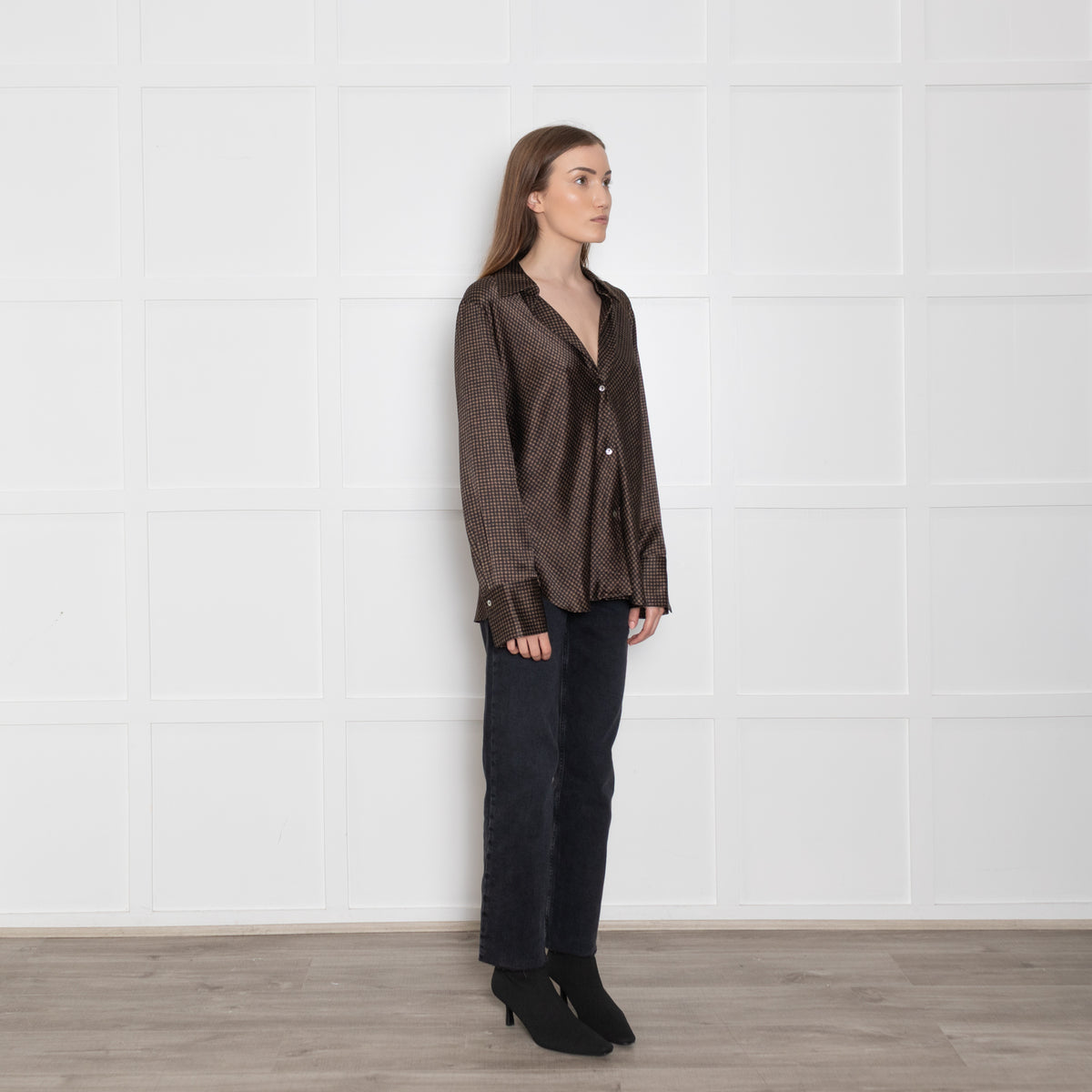 Vince Black & Brown Print Silk Blouse