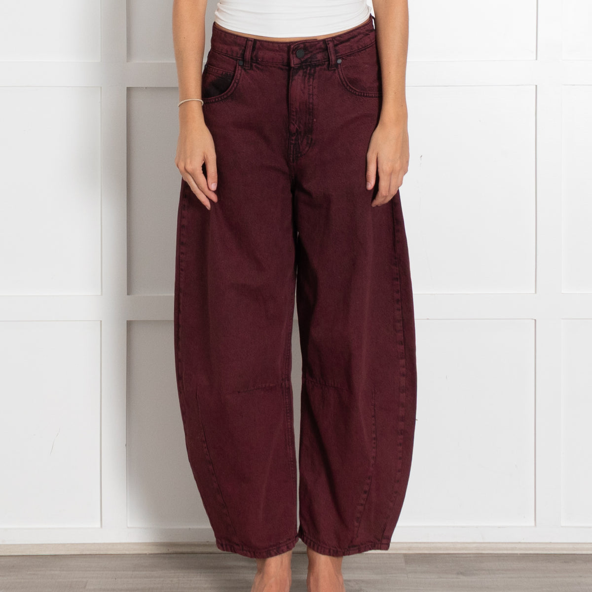 Essentiel Antwerp Burgundy Washed Black High Rise Barrel Leg Jeans UK 6