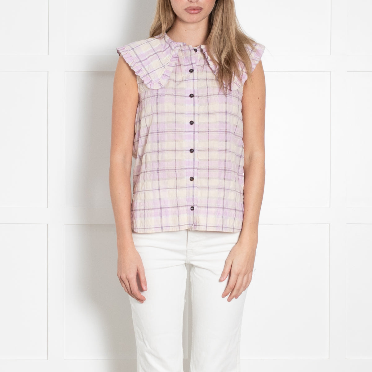 Ganni Cream Lilac Check Frill Collar Sleeveless Shirt