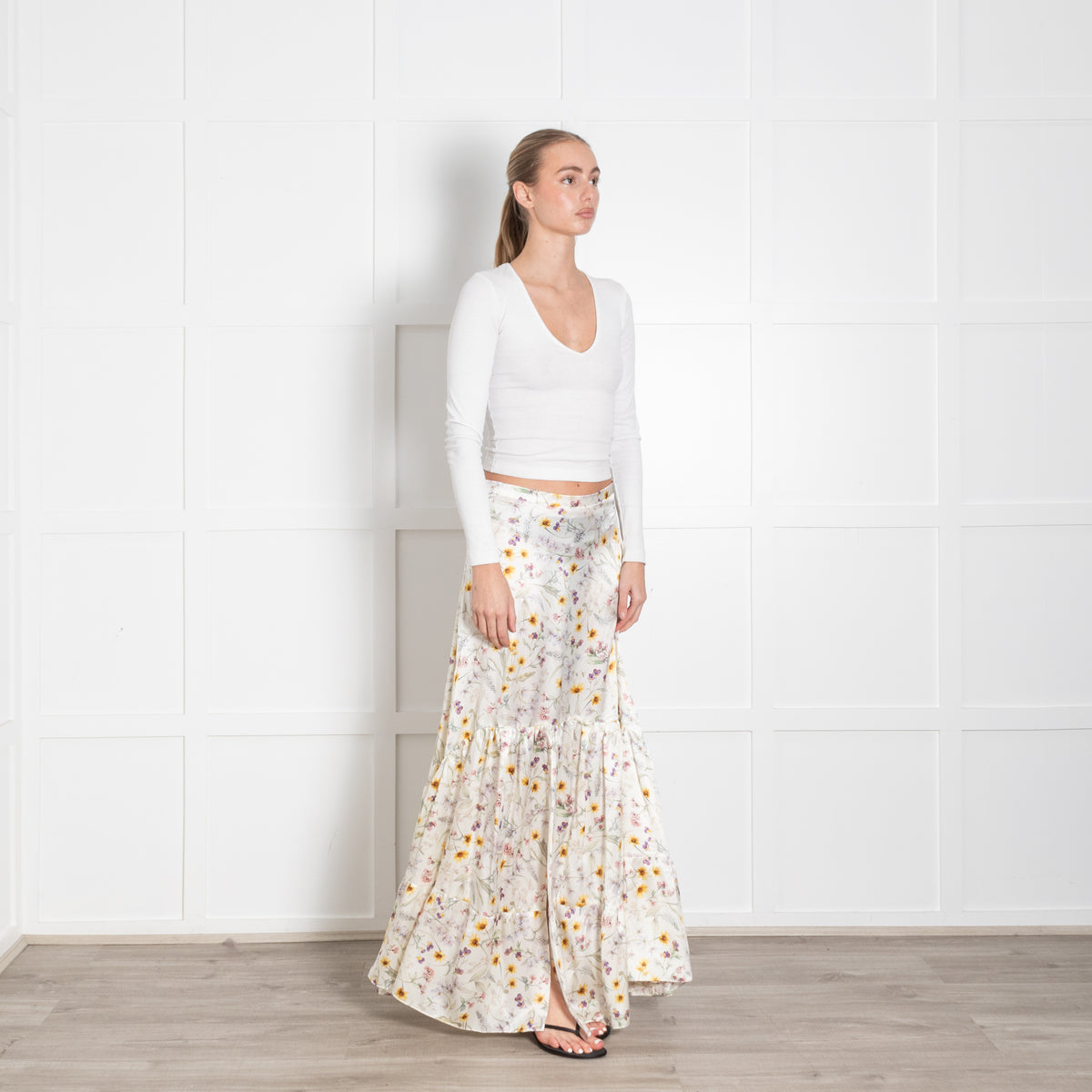 Ridley Cream Yellow Purple Floral Silk Skirt