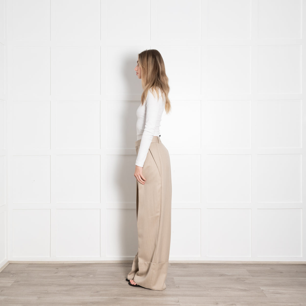 Victoria Beckham Beige Wide Leg Pleat Front Trouser With Turn Up