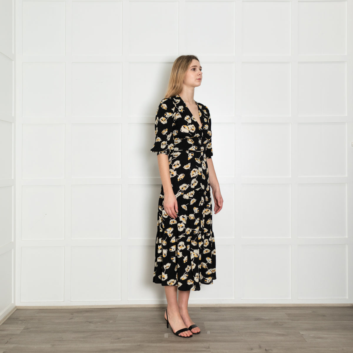 Ba&sh Black Cream Yellow Floral Button Up Front Dress