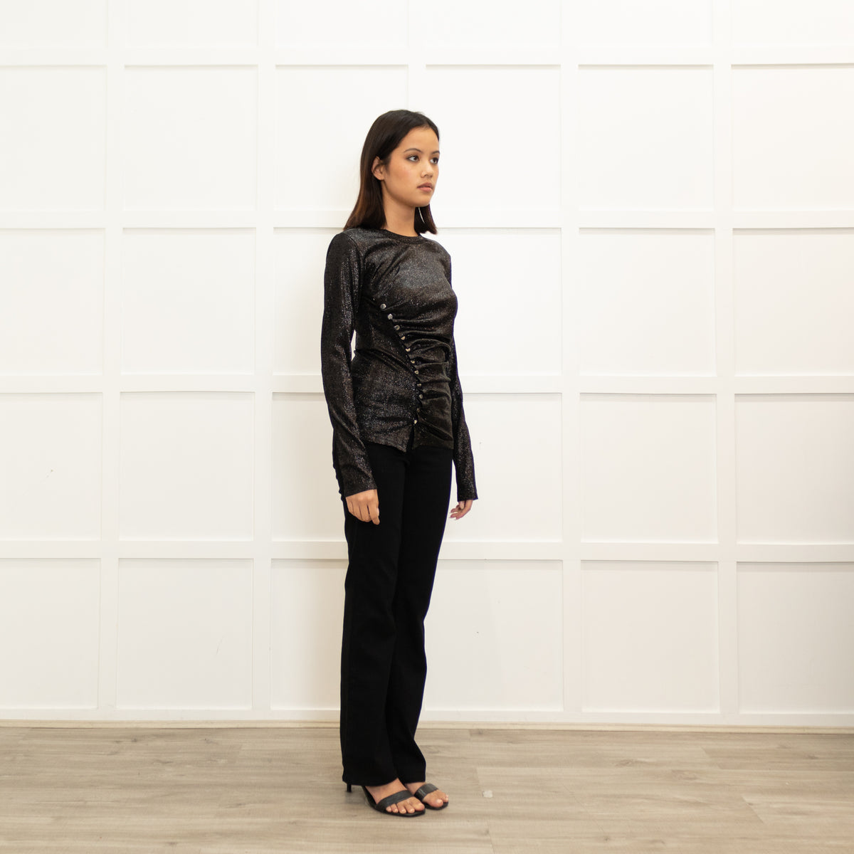 Paco Rabanne Black Shimmer Lurex Long Sleeve Button Detail Top