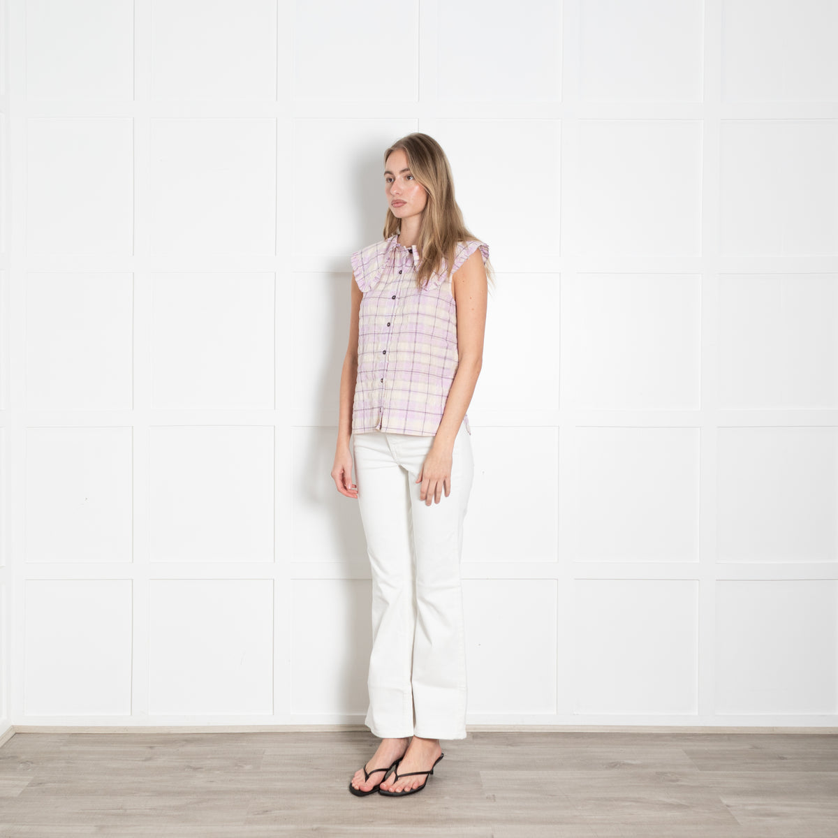 Ganni Cream Lilac Check Frill Collar Sleeveless Shirt