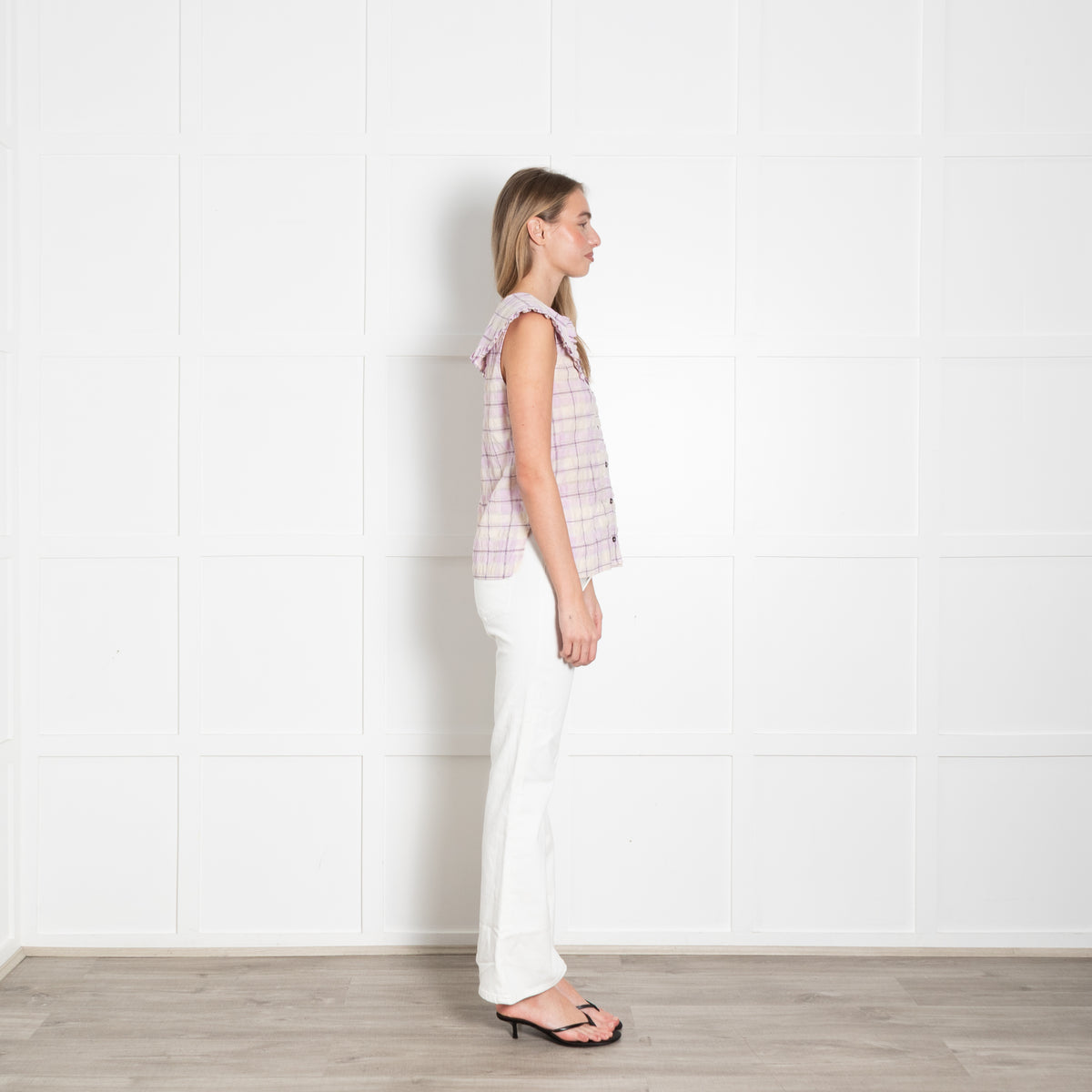 Ganni Cream Lilac Check Frill Collar Sleeveless Shirt