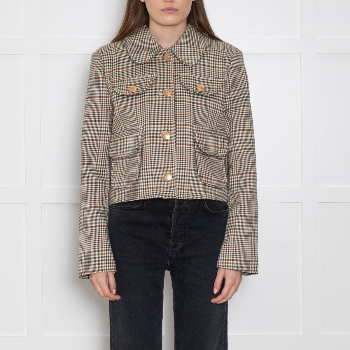 Avec Les Filles Brown/Black/Cream Checked Short Jacket