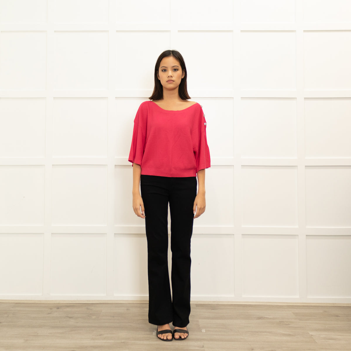 Ba&Sh Pink Diamante Button Wide Sleeve Cropped Cotton  Blend Top