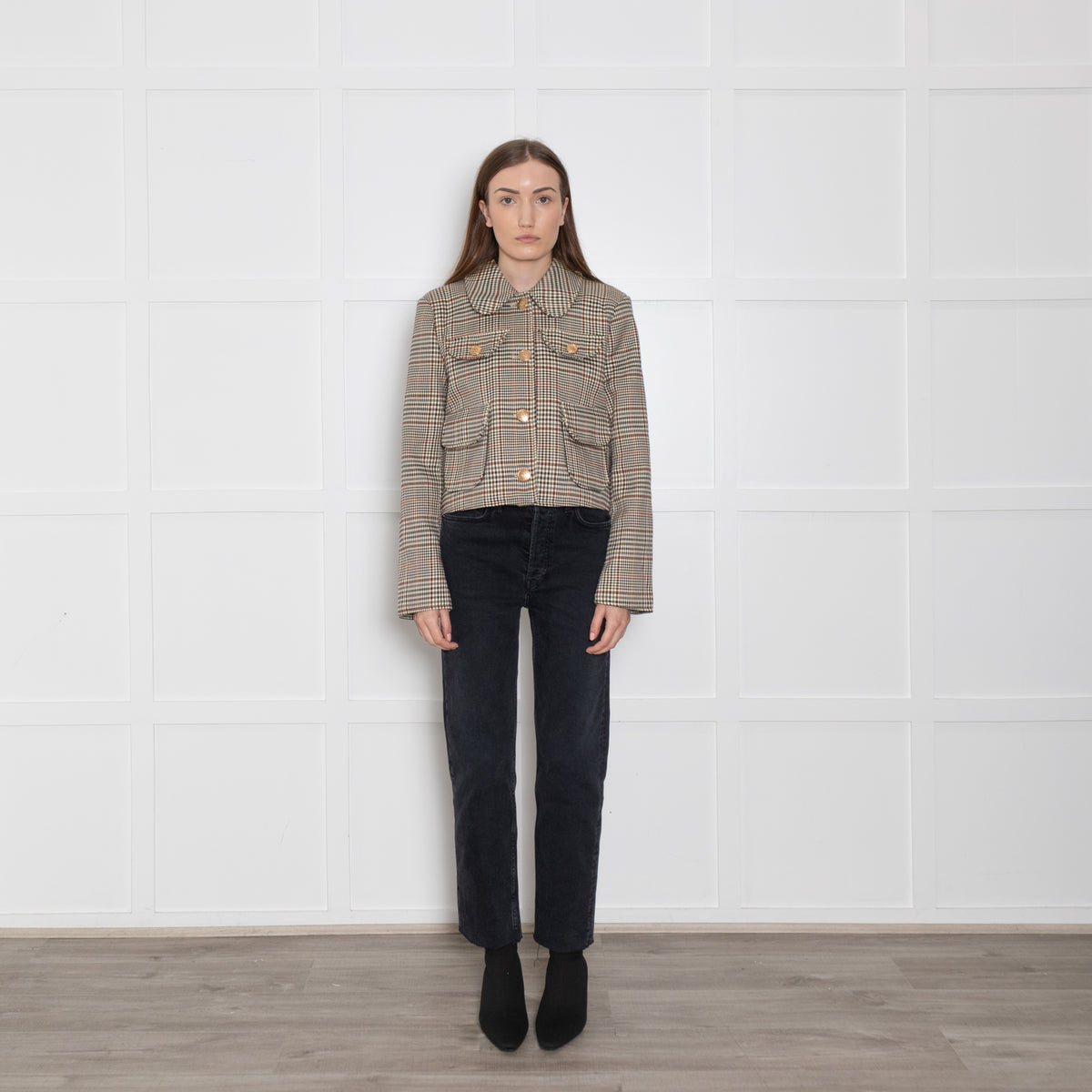 Avec Les Filles Brown/Black/Cream Checked Short Jacket