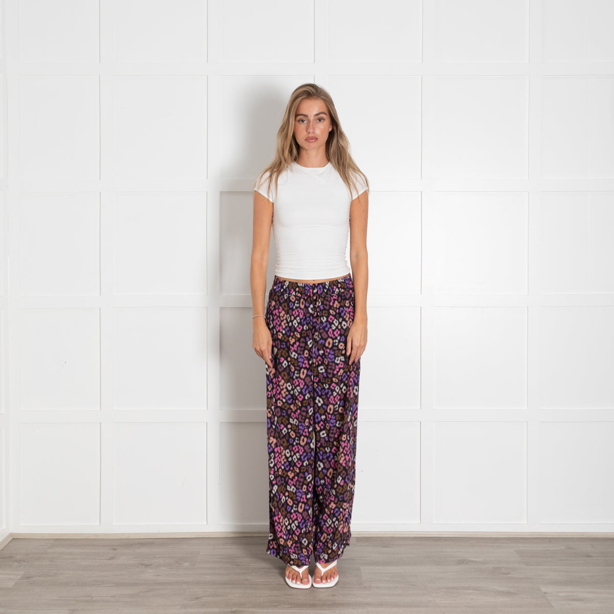 Essentiel Antwerp Black Purple Lepoard Print Wide Leg Flowy Trousers With Elasticated Waistband