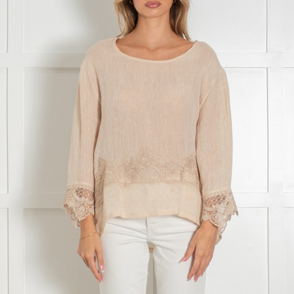 Maurizio Beige Linen Top with Lace Trim