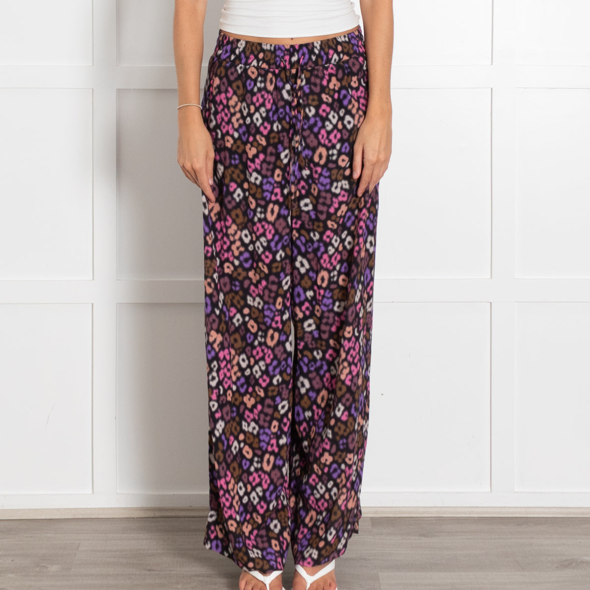Essentiel Antwerp Black Purple Lepoard Print Wide Leg Flowy Trousers With Elasticated Waistband