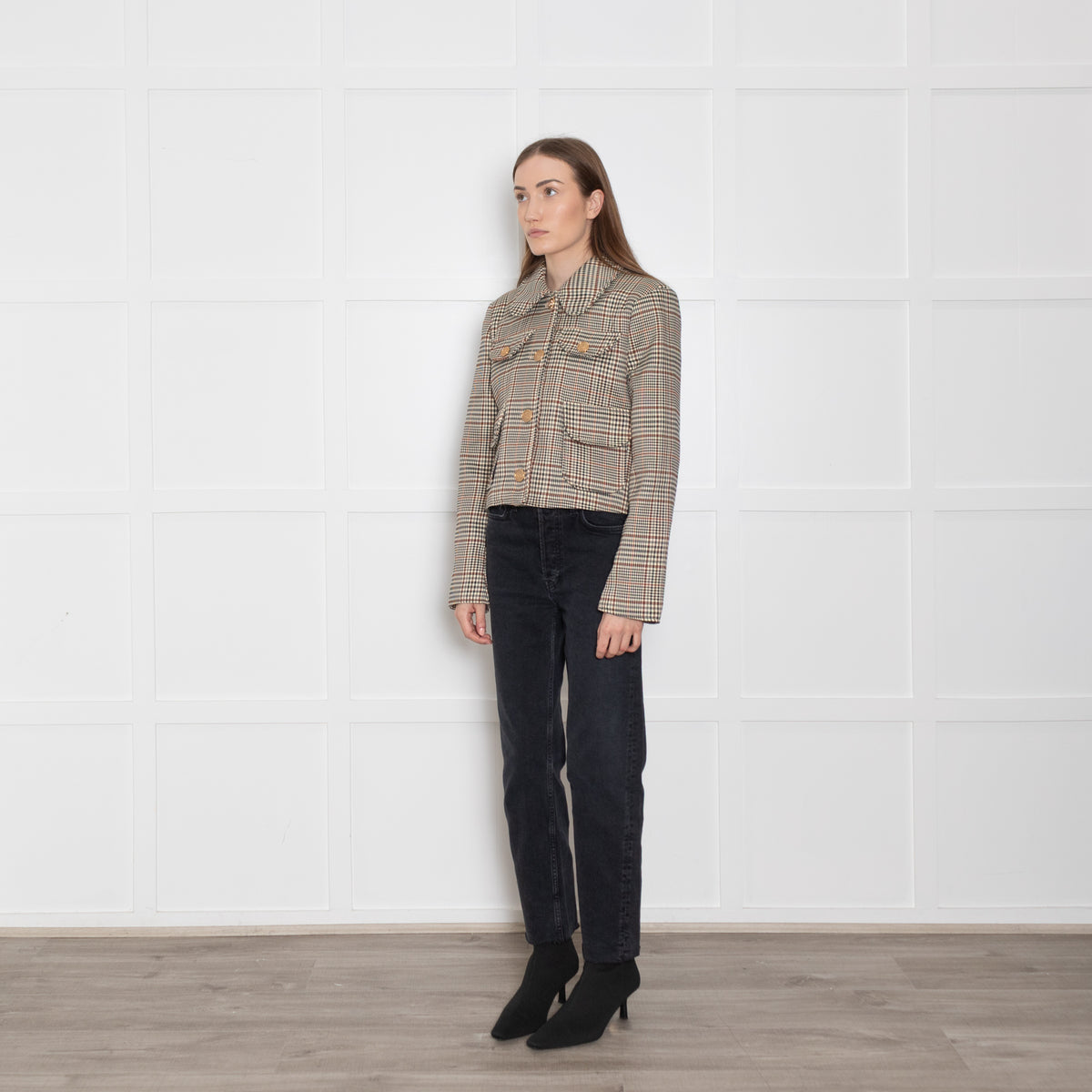 Avec Les Filles Brown/Black/Cream Checked Short Jacket