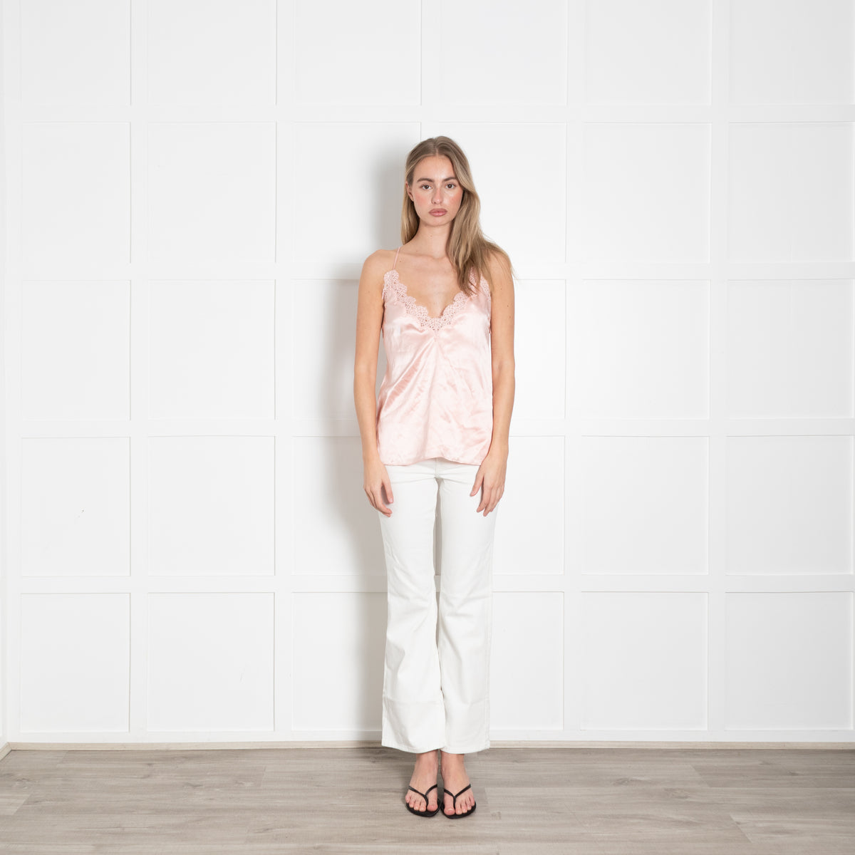Cami NYC Pale Pink Eyelash lace Trim Silk Strappy Top
