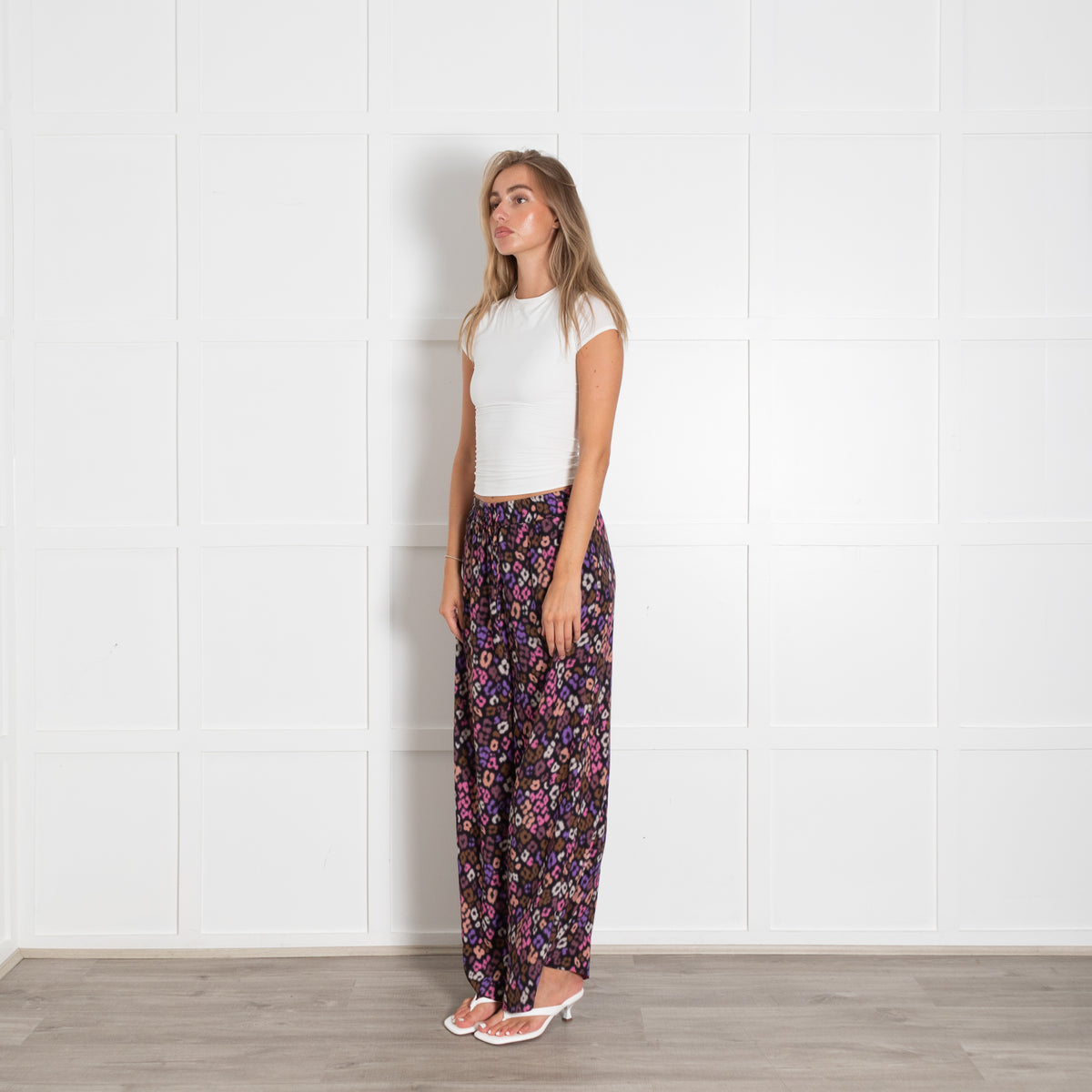 Essentiel Antwerp Black Purple Lepoard Print Wide Leg Flowy Trousers With Elasticated Waistband