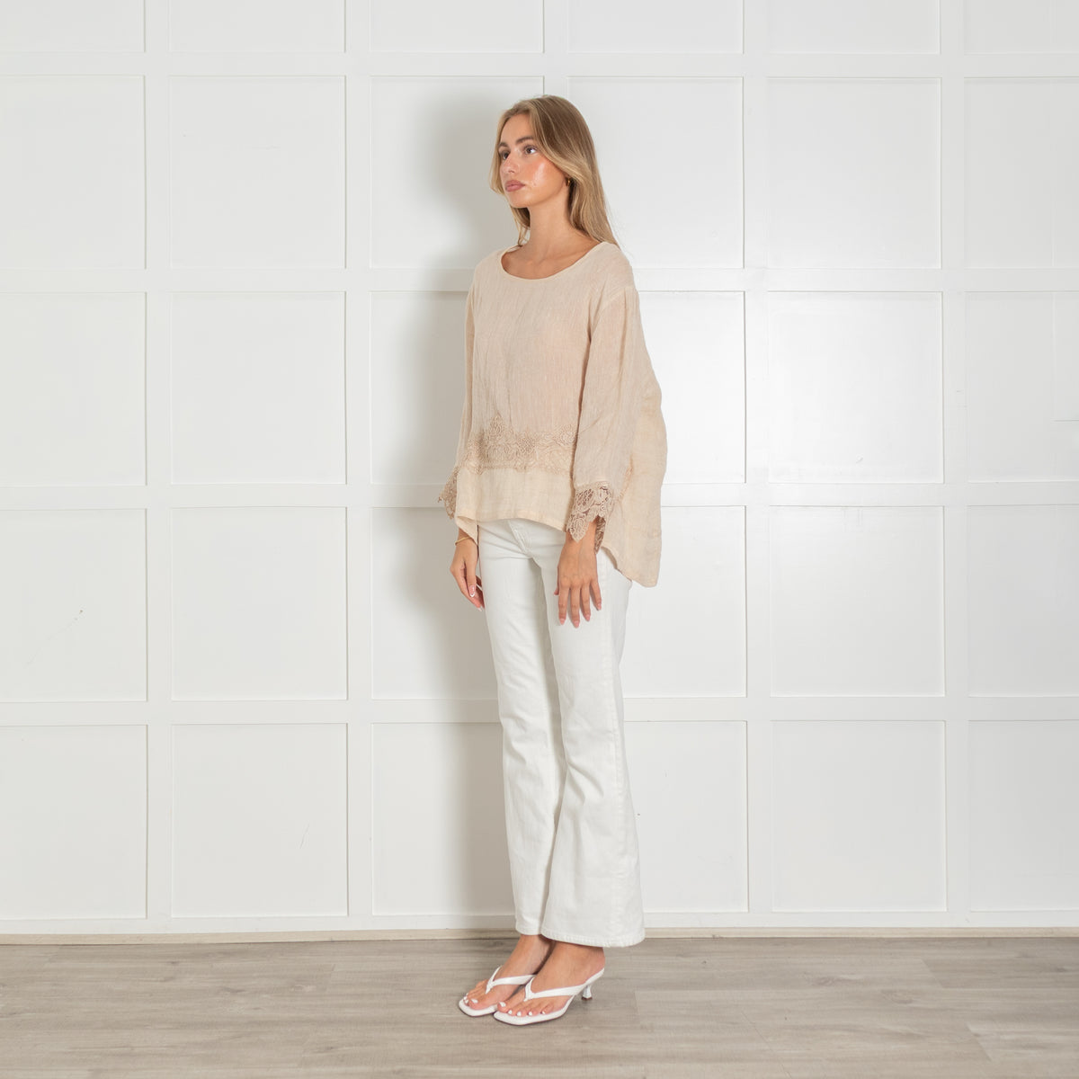 Maurizio Beige Linen Top with Lace Trim