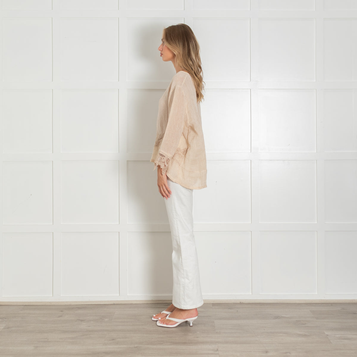 Maurizio Beige Linen Top with Lace Trim