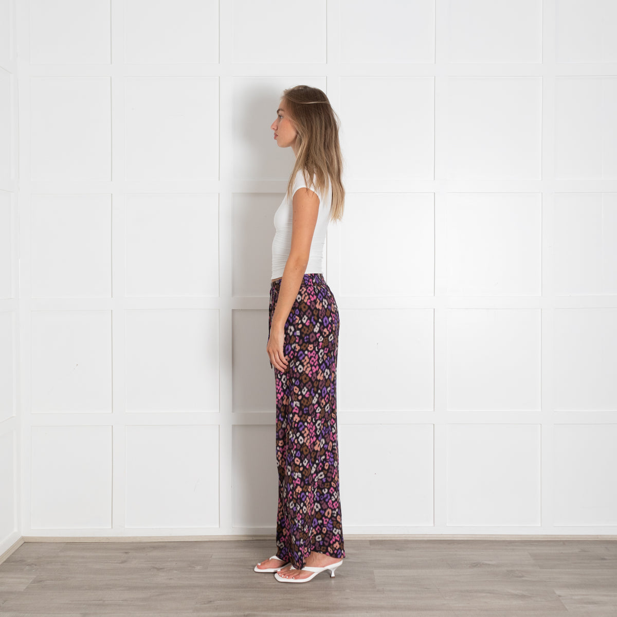 Essentiel Antwerp Black Purple Lepoard Print Wide Leg Flowy Trousers With Elasticated Waistband