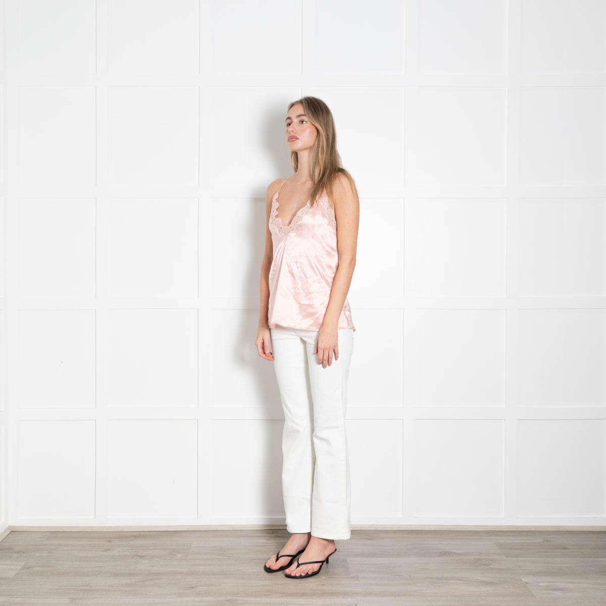 Cami NYC Pale Pink Eyelash lace Trim Silk Strappy Top