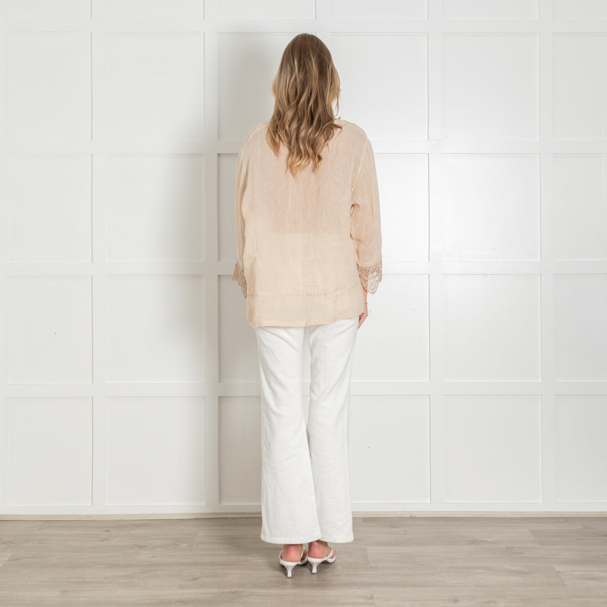 Maurizio Beige Linen Top with Lace Trim