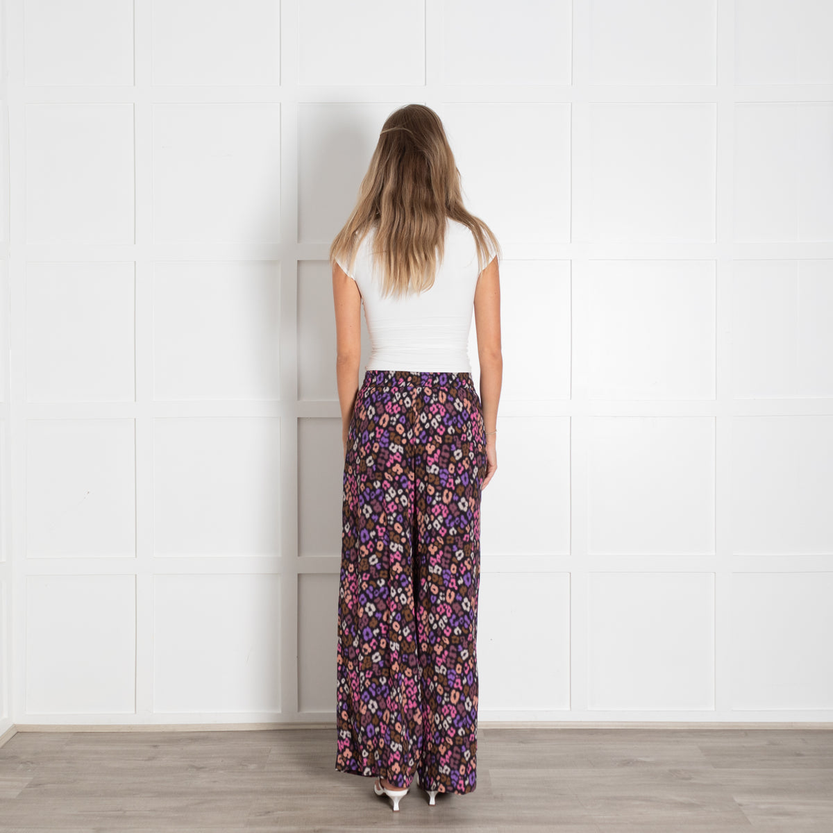 Essentiel Antwerp Black Purple Lepoard Print Wide Leg Flowy Trousers With Elasticated Waistband