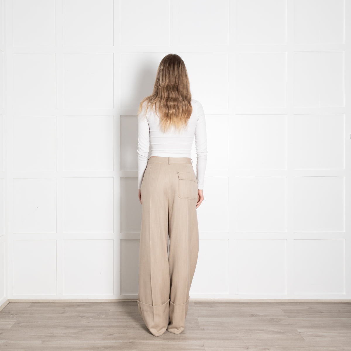 Victoria Beckham Beige Wide Leg Pleat Front Trouser With Turn Up