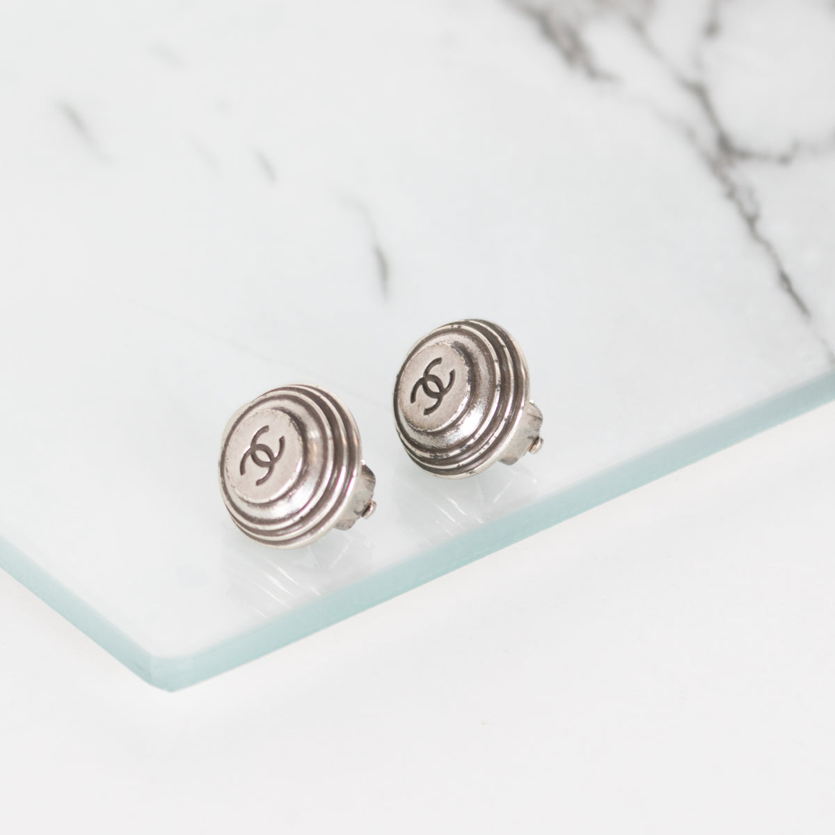 Chanel Silver CC Round Clip On Earrings