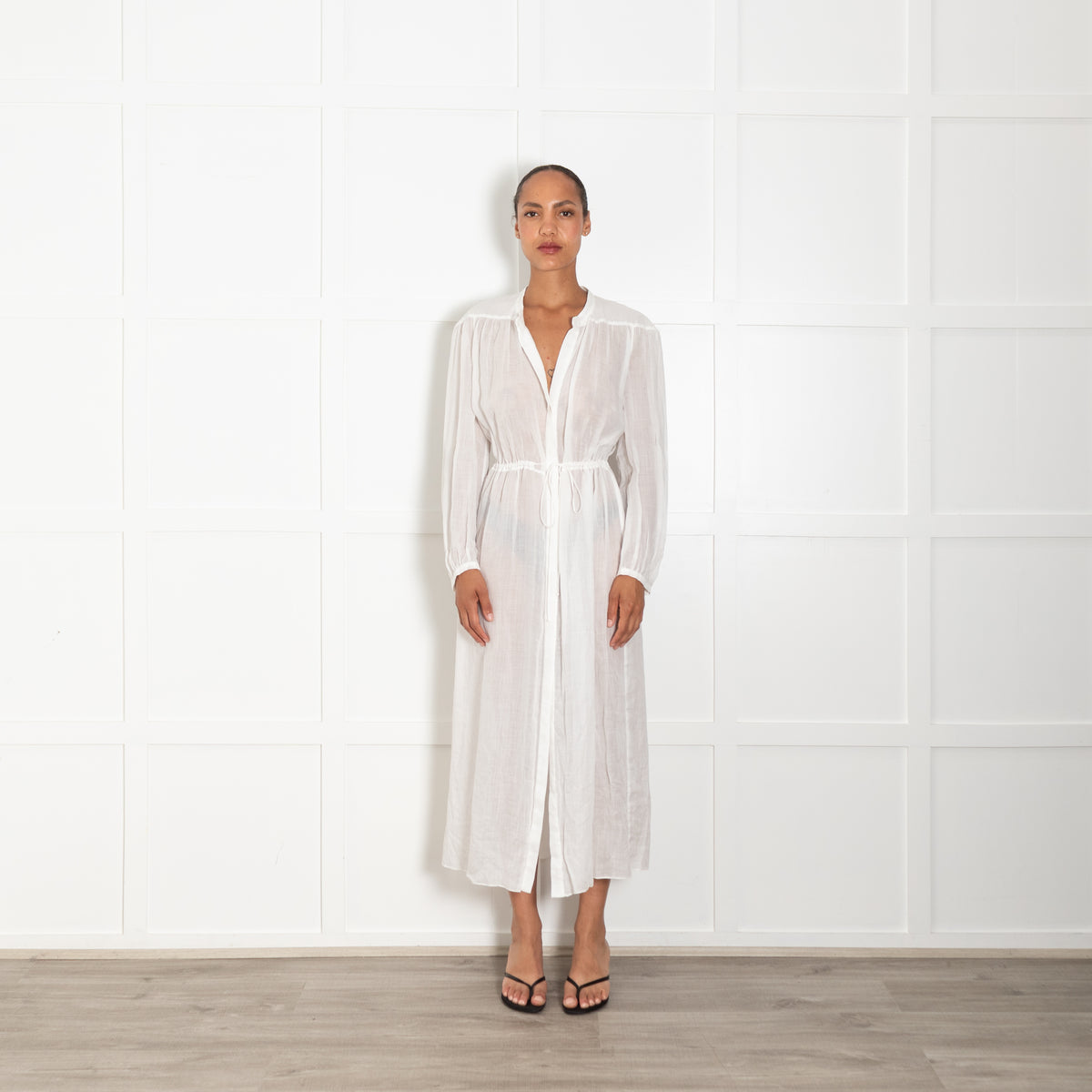 Three Graces White Ramie Sheer Maxi Shirt Dress With Drawstring Waist
