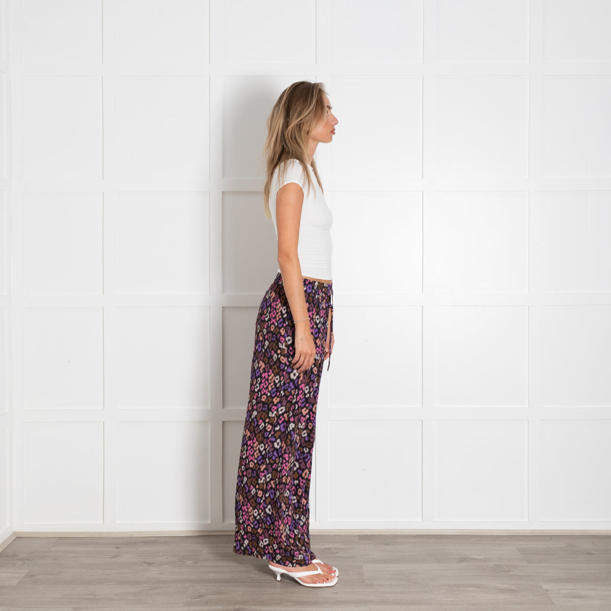 Essentiel Antwerp Black Purple Lepoard Print Wide Leg Flowy Trousers With Elasticated Waistband