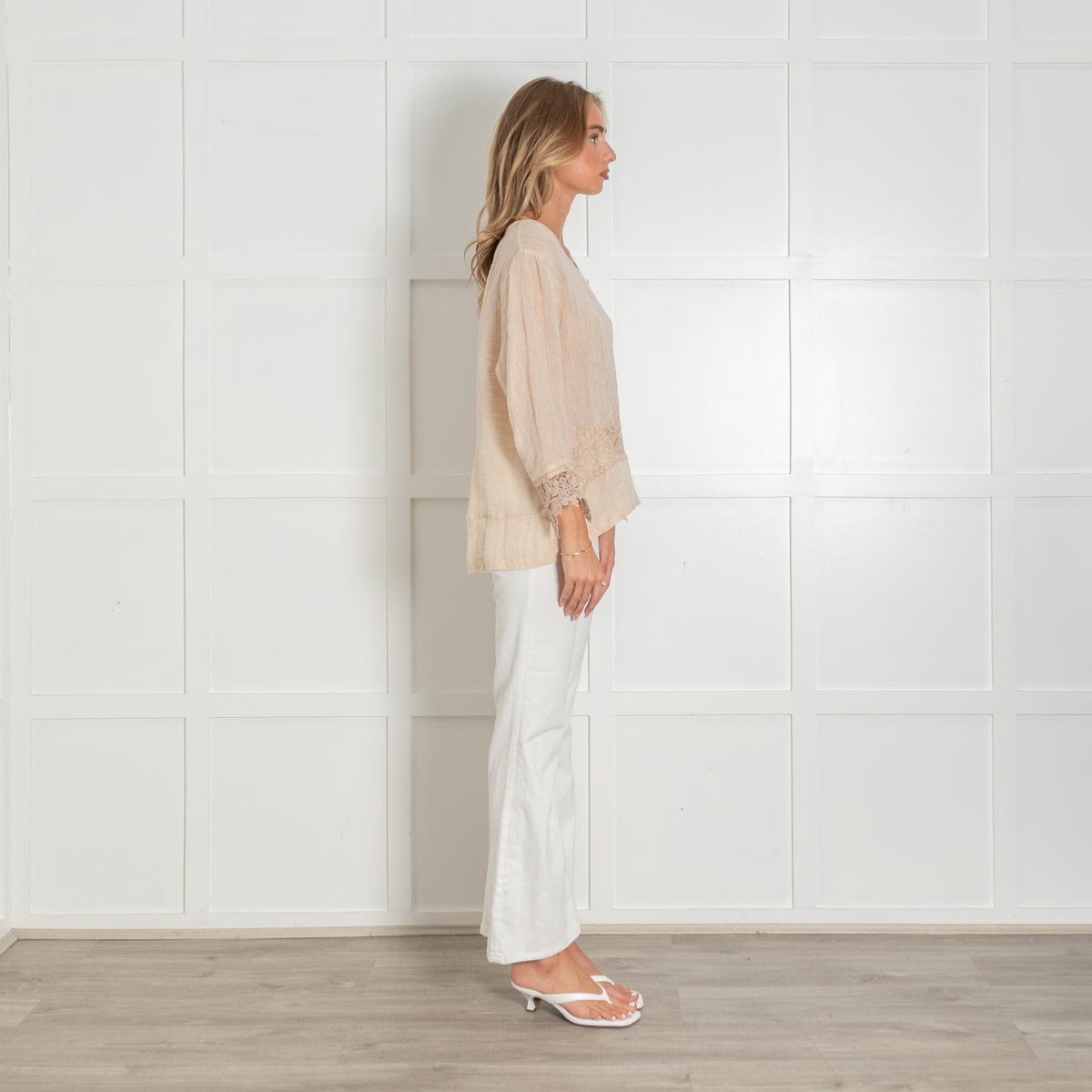 Maurizio Beige Linen Top with Lace Trim