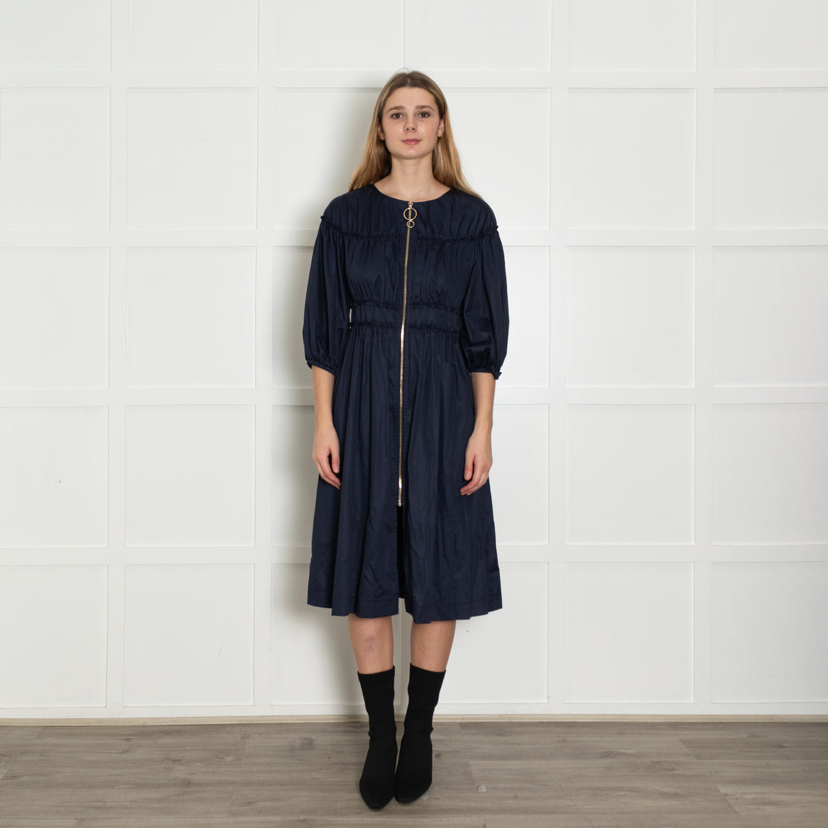Kitri Navy Shirred Midi Dress with Zip Front