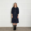Kitri Navy Shirred Midi Dress with Zip Front