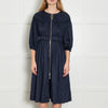 Kitri Navy Shirred Midi Dress with Zip Front