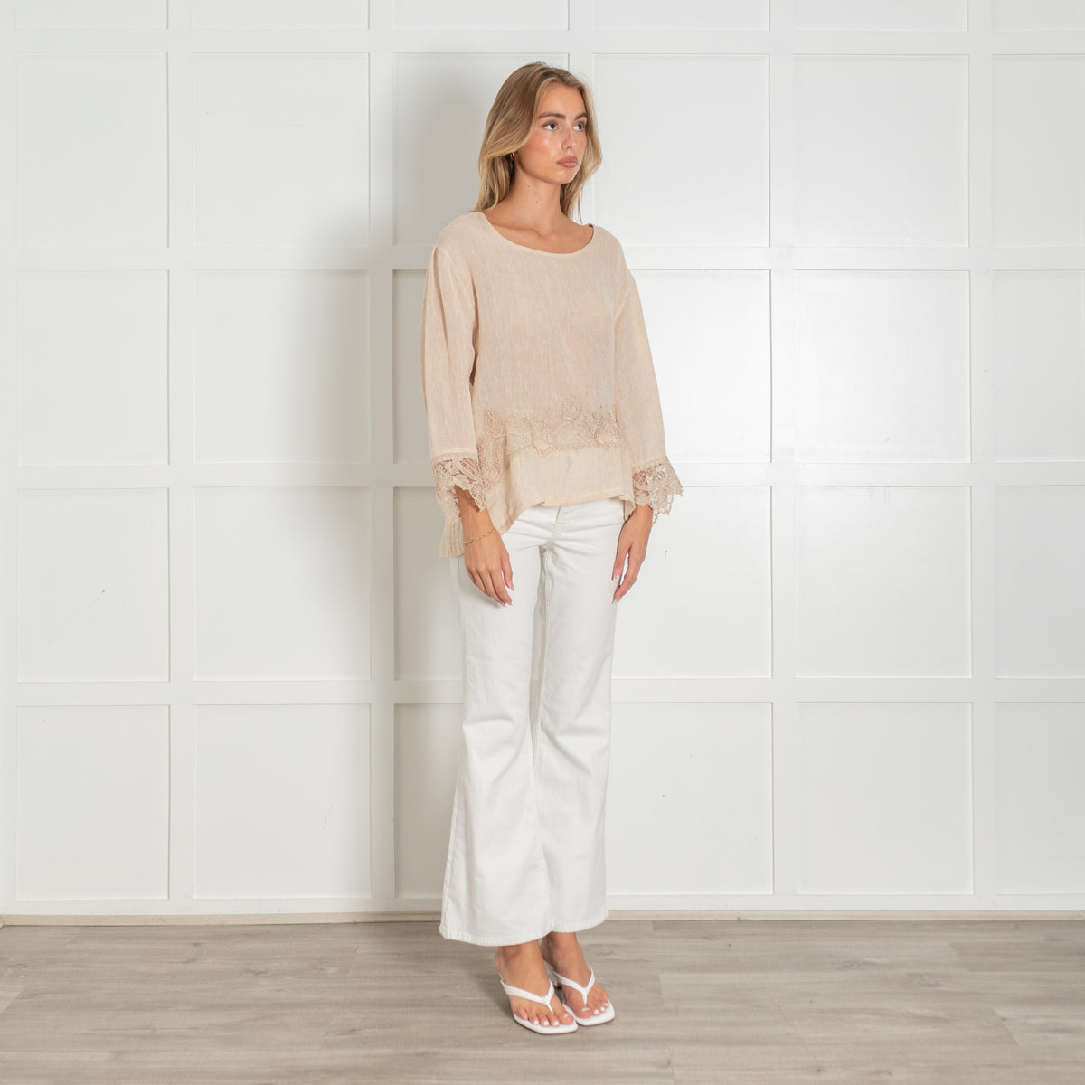 Maurizio Beige Linen Top with Lace Trim