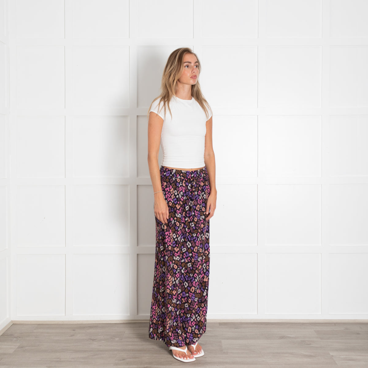 Essentiel Antwerp Black Purple Lepoard Print Wide Leg Flowy Trousers With Elasticated Waistband