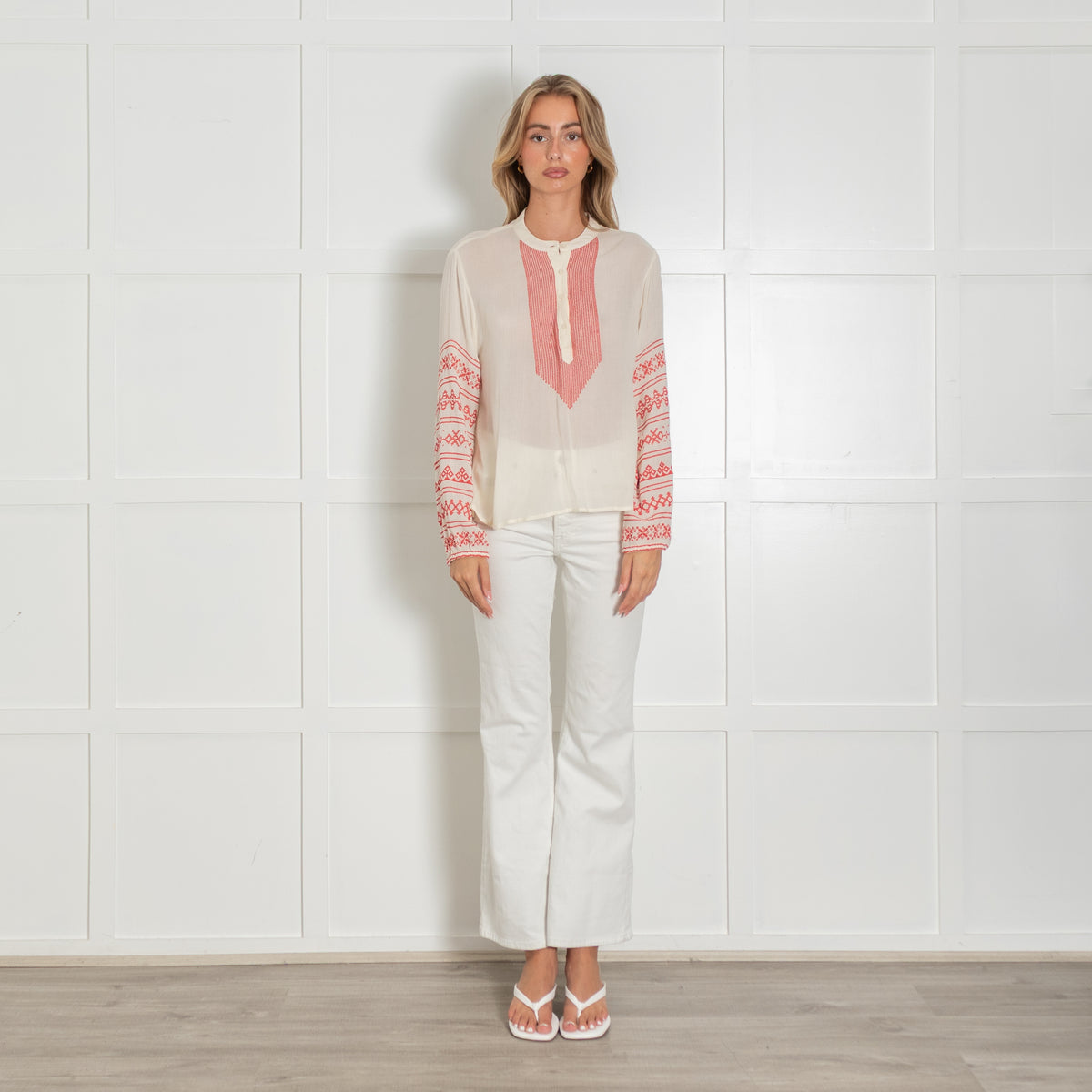 Maison Hotel Cream Blouse with Red Embroidery Stitching
