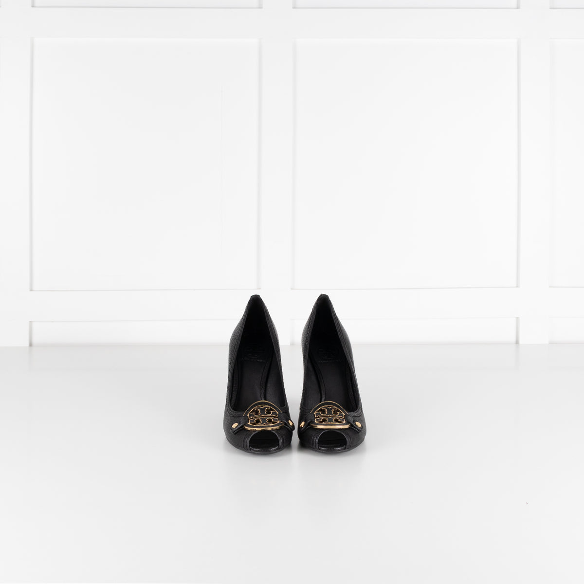 Tory Burch Black Grainy Leather & Gold Medallion Wedge Heels