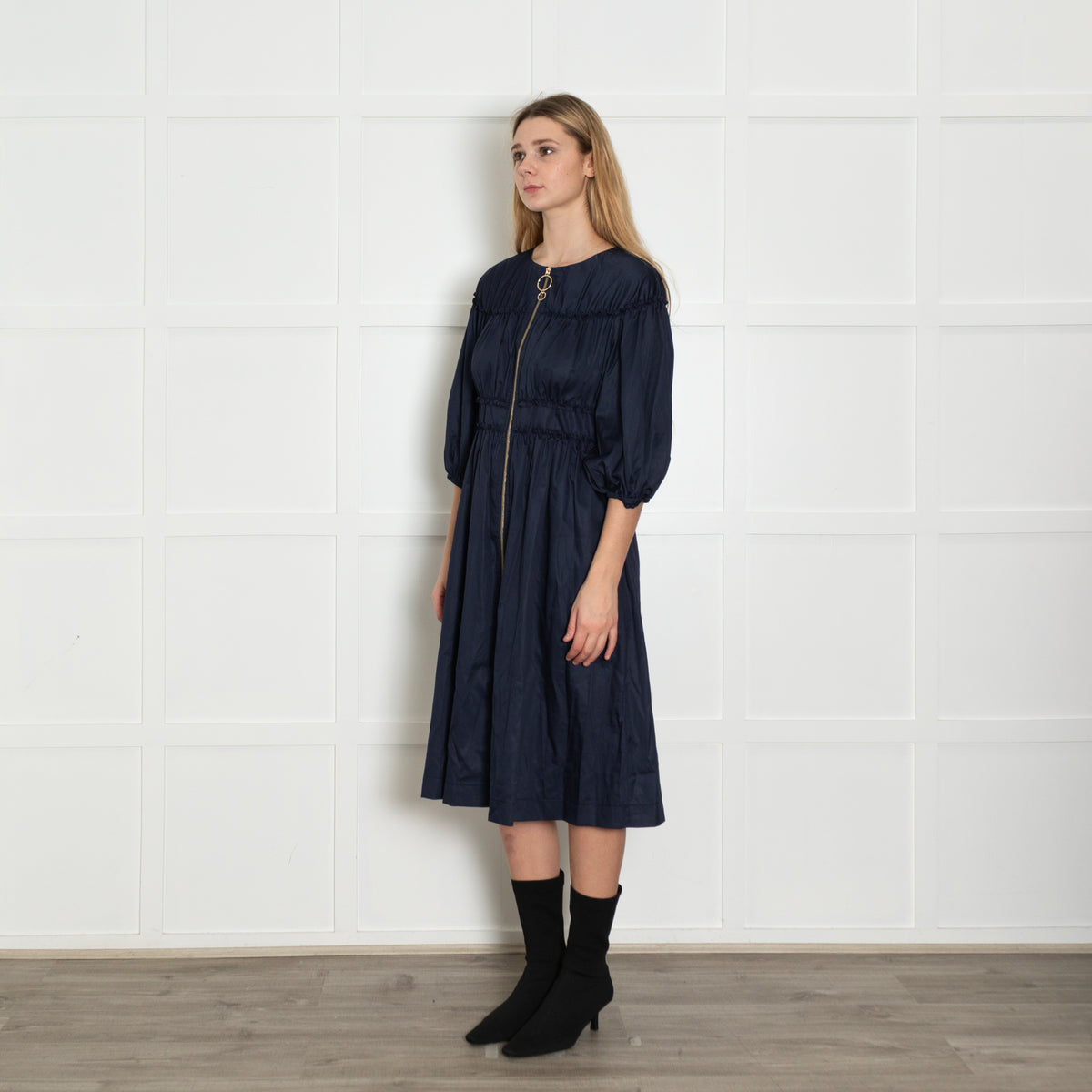 Kitri Navy Shirred Midi Dress with Zip Front