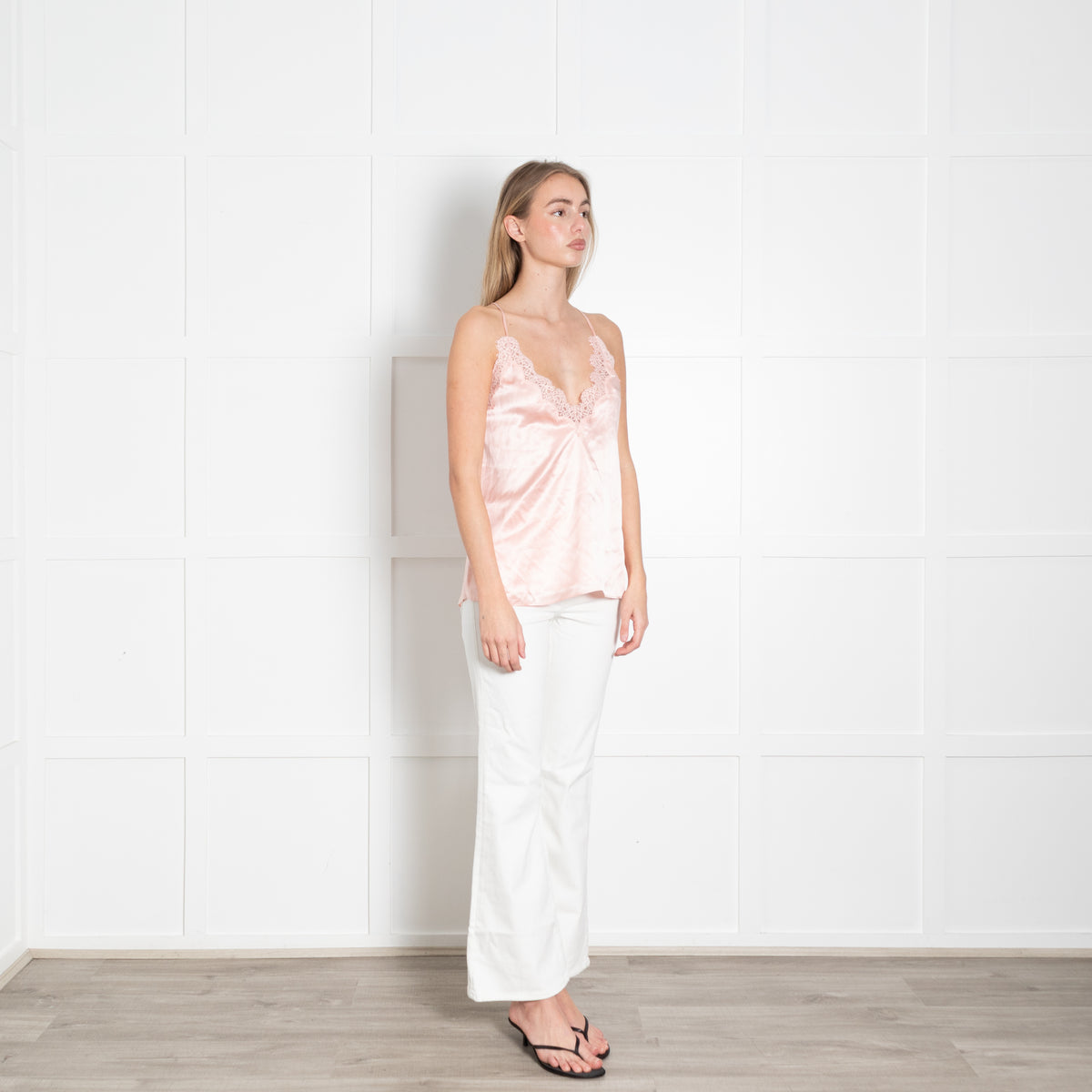 Cami NYC Pale Pink Eyelash lace Trim Silk Strappy Top