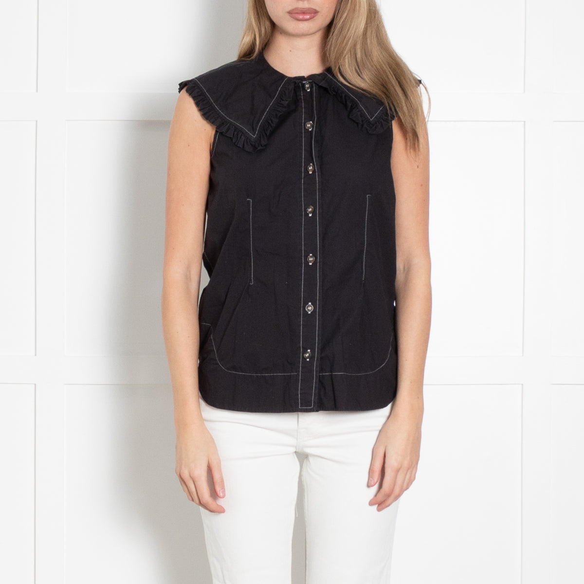 Ganni Black Cotton Sleeveless Big Collar Top