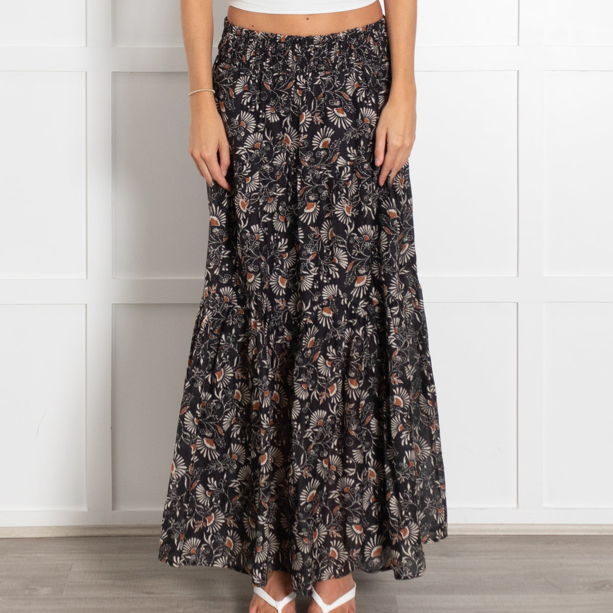 Rails Black Brown Floral Tiered Maxi Skirt